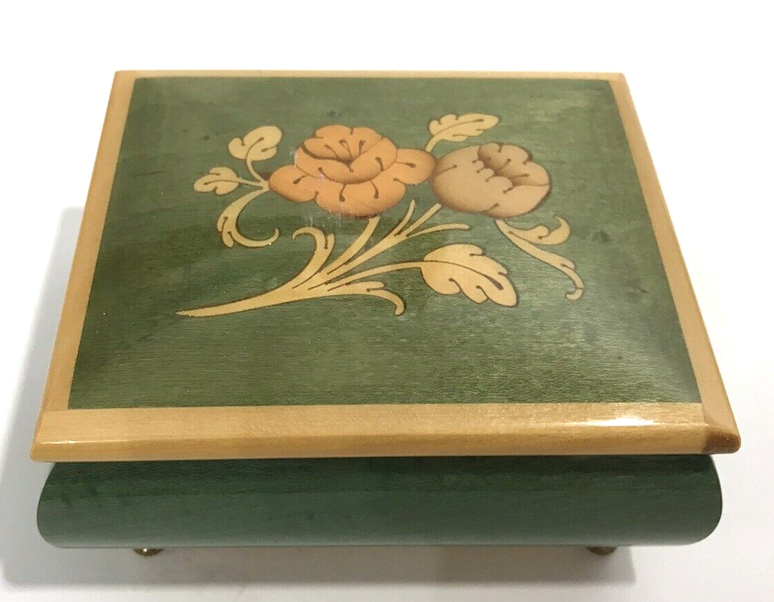 Reuge Swiss Jewelry Music Box Wood Inlay Flower Green Italy Vintage
