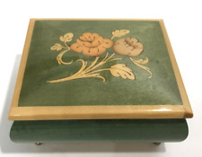 Reuge Swiss Jewelry Music Box Wood Inlay Flower Green Italy Vintage picture