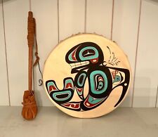 Native Alaskan Hand Made 10in “Killer Whale” Drum & DrumStick Signed Ken Decker picture