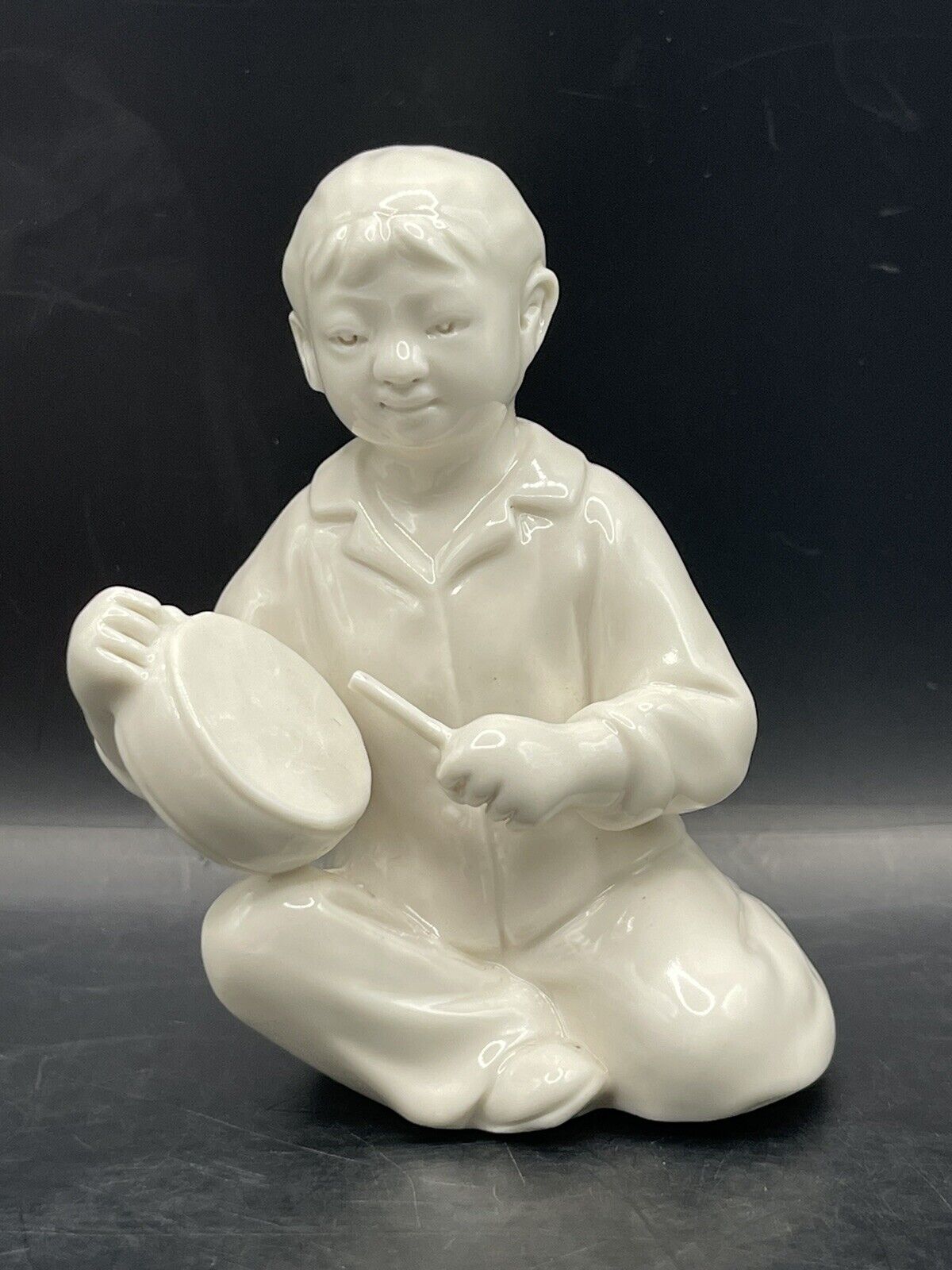 Japanese Girl Playing The Drum Statue White Porcelain Figure