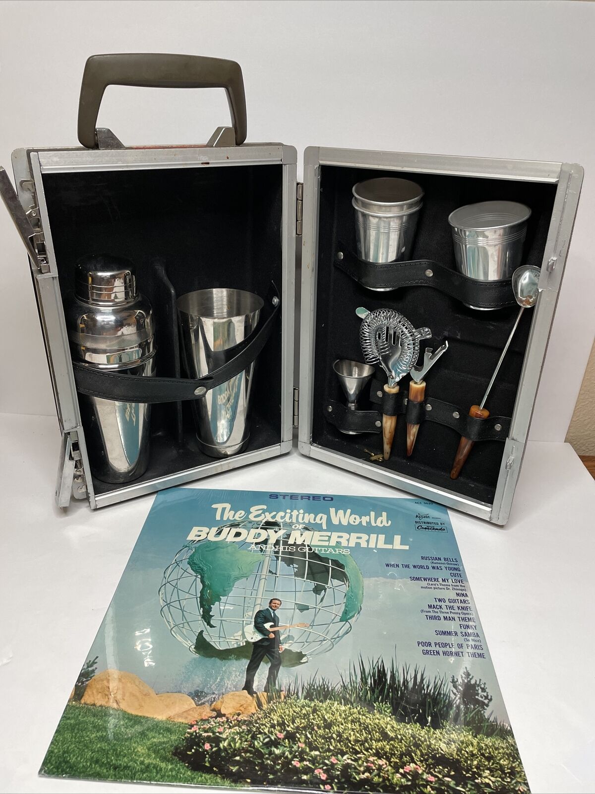 Buddy Merrill VINTAGE BARWARE SET. TRAVEL CASE. And Sealed Album. Cups With Key