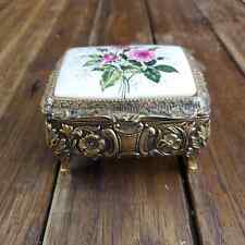 Vintage TAJ Music Box Japan Metal and Porcelain Floral Casket Footed Trinket Box picture