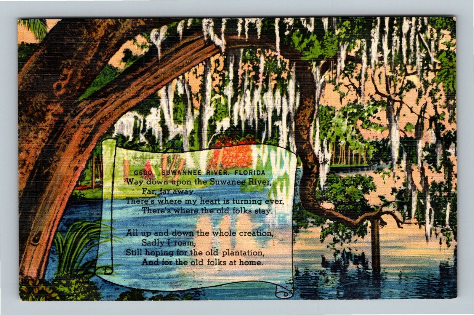 Swanee River, Song Lyrics, Spanish Moss Covered Trees, Linen Florida Postcard