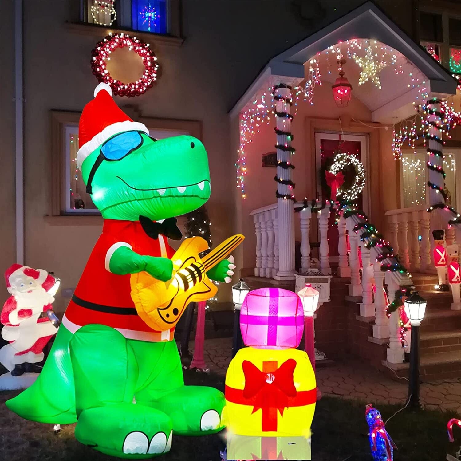 Christmas Dinosaur Dino Guitar Airblown Inflatable Decor Outdoor Light Lawn LED