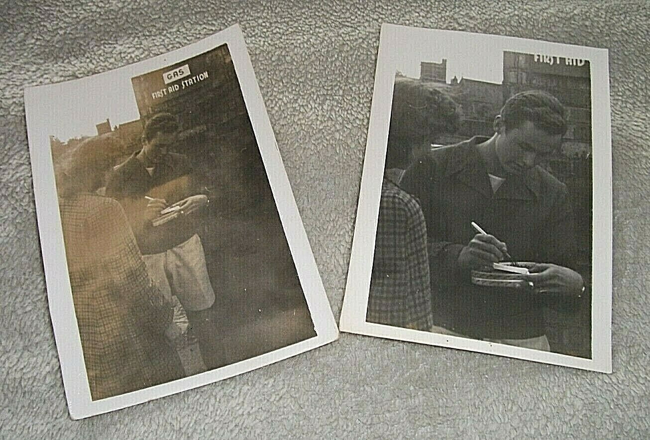 PAT BOONE. 2 UNPUBLISHED PHOTOGRAPHS circa 1955 SIGNING AUTOGRAPHS IN UK