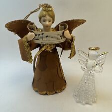 Vintage Spun Glass  Praying Angel And Wood Dress Music Angel Christmas Ornaments picture