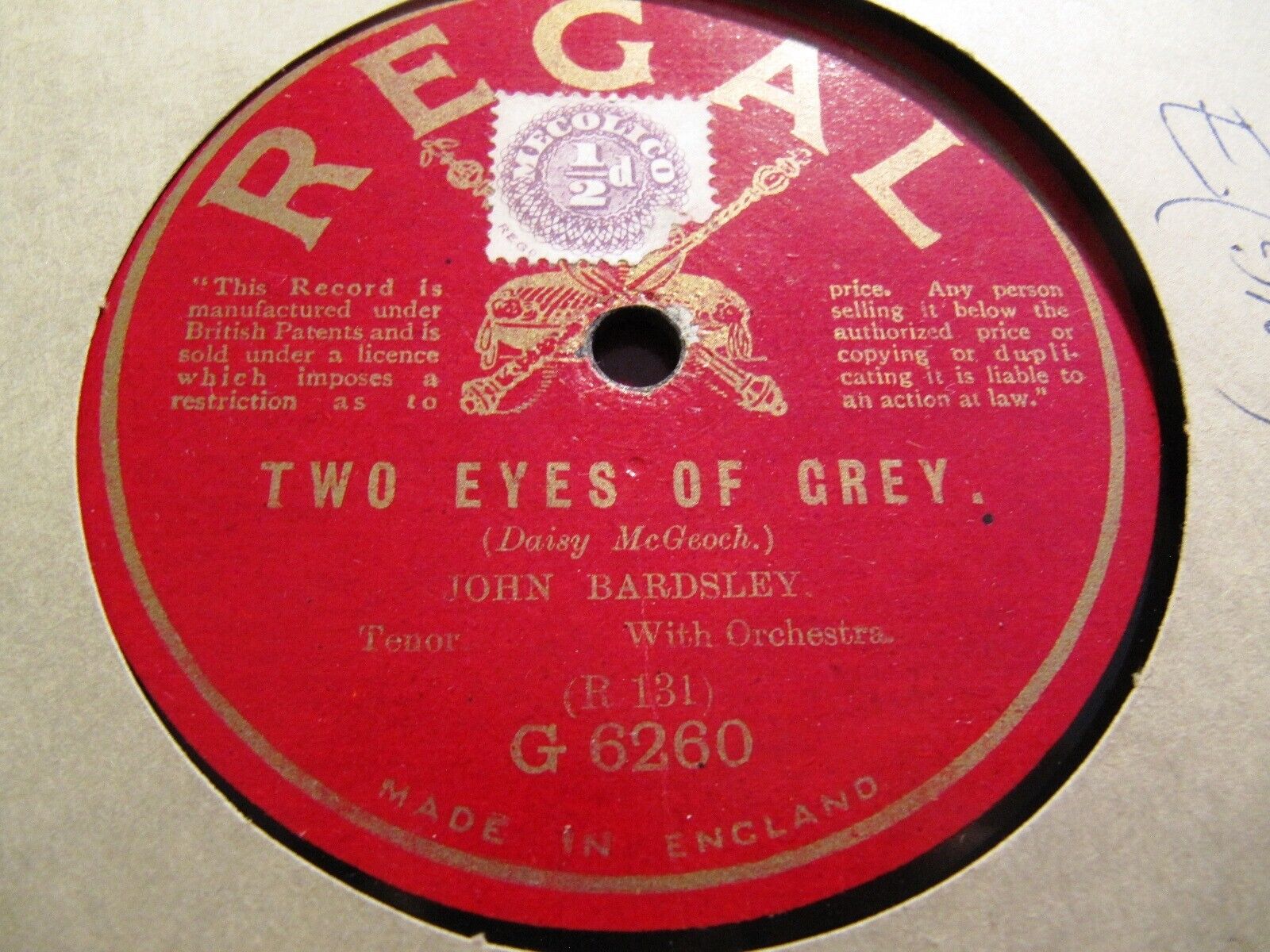 1914 JOHN BARDSLEY tenor My Love\'s Grey Eyes / Two Eyes of Grey REGAL G 6260