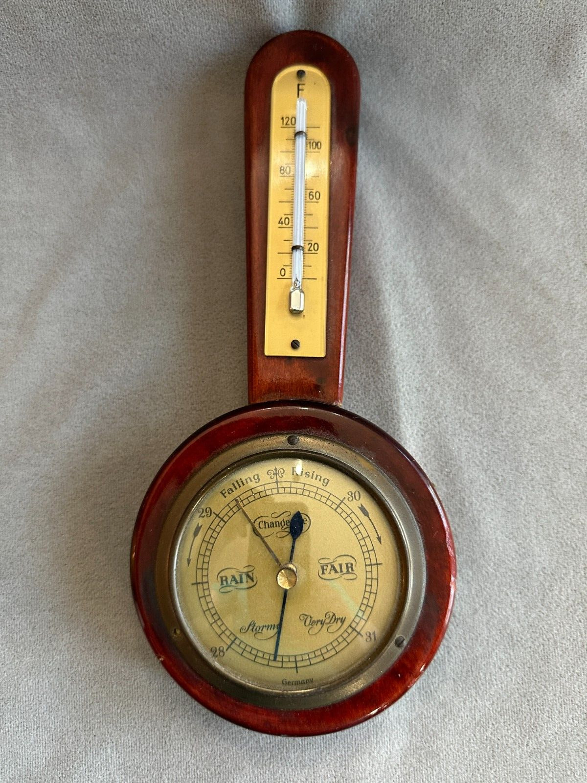 Vintage Wood Banjo-Shaped Barometer & Thermometer