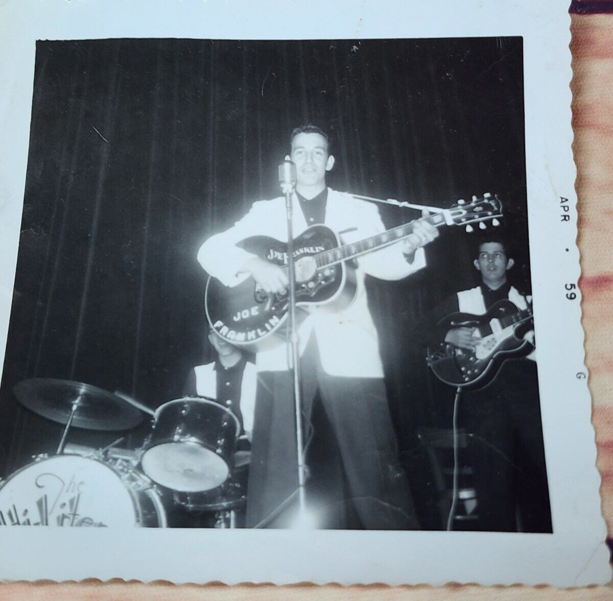 Vintage Snapshot Handsome Guy Playing Joe Franklin Guitar 1959 Black White Photo