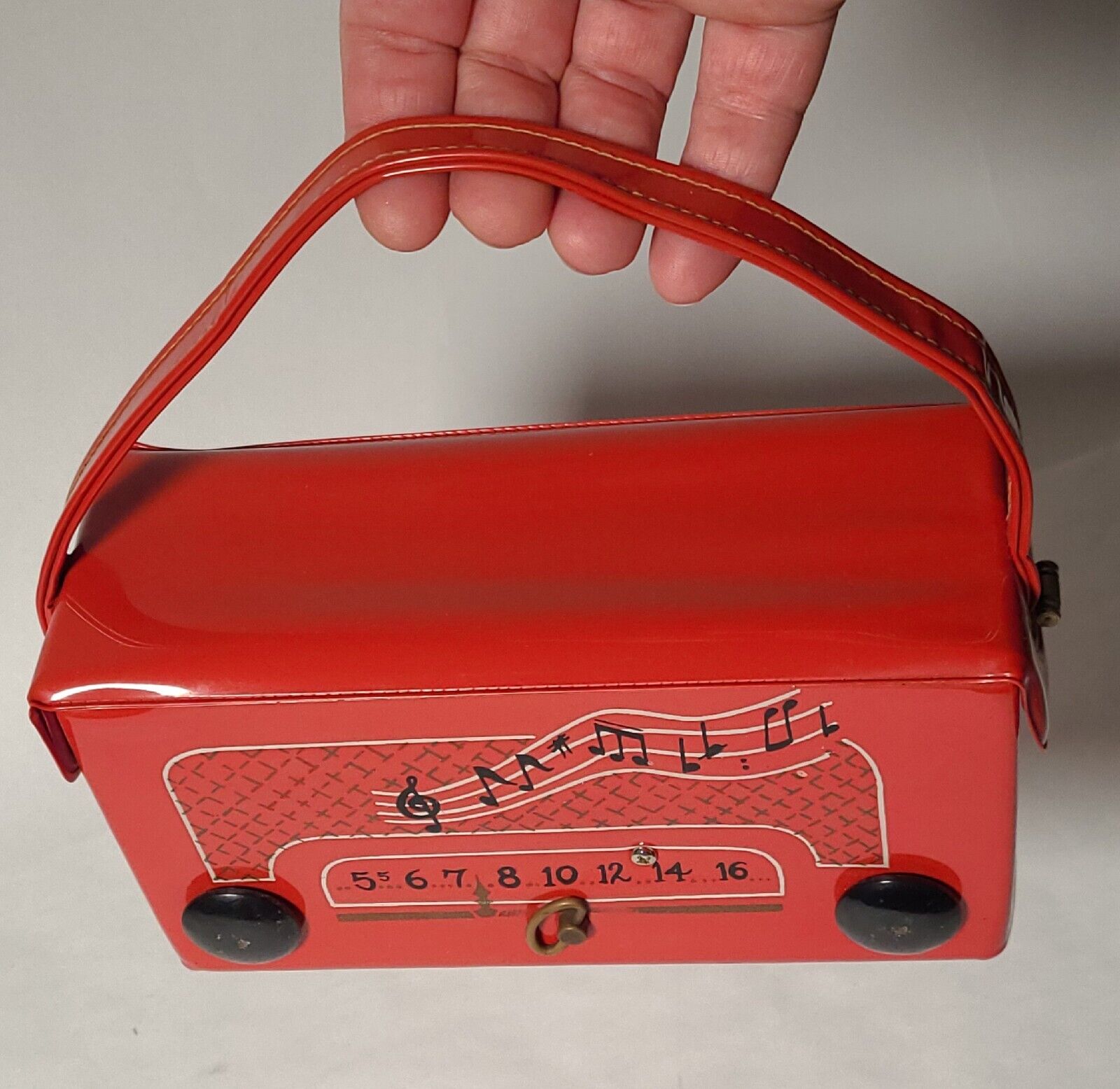 1950s RARE Red Vynil Wind-up Music Box Decorative Purse Clutch. Working Vintage 