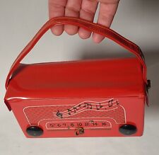 1950s RARE Red Vynil Wind-up Music Box Decorative Purse Clutch. Working Vintage  picture