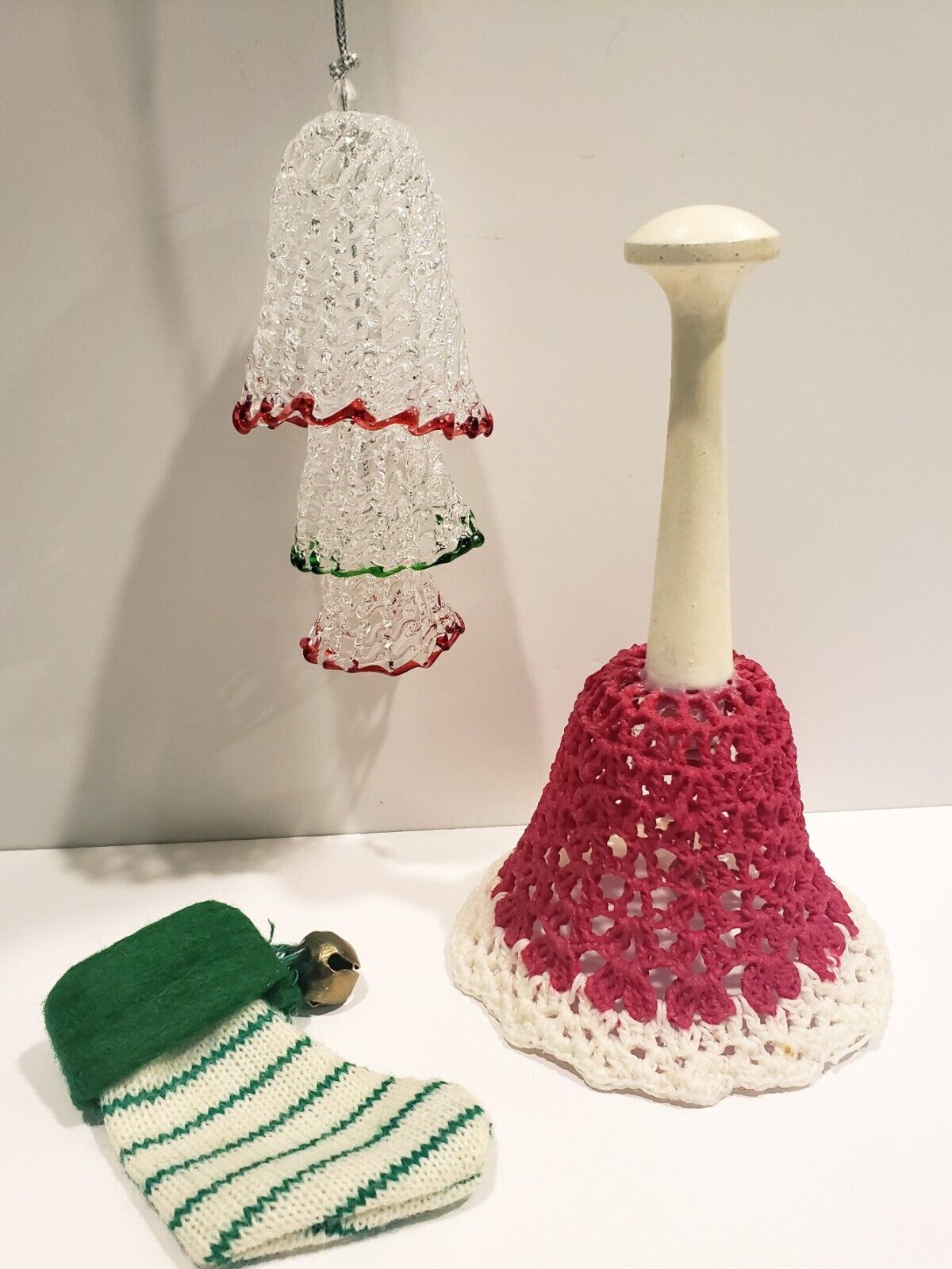 Vintage Christmas Crocheted Bell, Spun Glass Trio & Mini Stocking Ornament