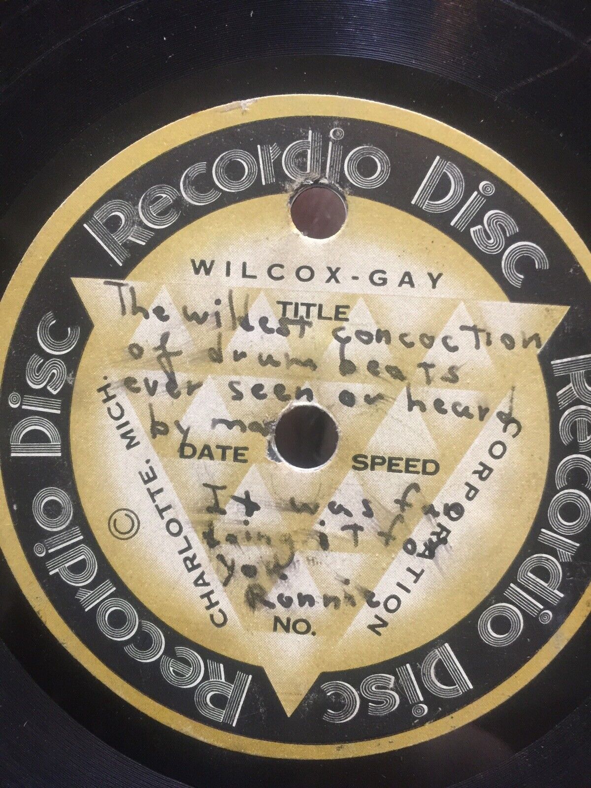 Wildest Collection Drum Beats VG+ 1947 RECORDIO Unknown Drum Solo 1-of-a-kind 78