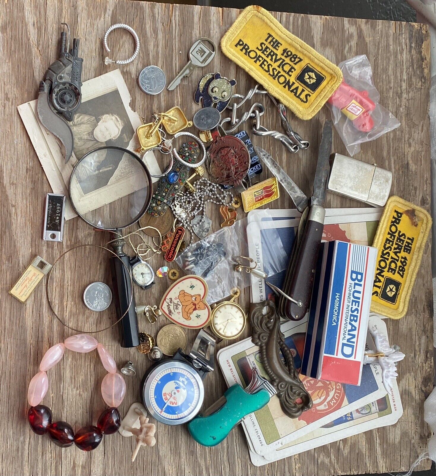 Vintage Junk Drawer Lot Coins Knife Watches Jewelry Harmonica Lighters