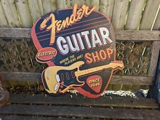 Fender Guitar Shop Electric LARGE Vintage Look Sign Metal Embossed licensed Cool picture