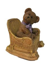 Vintage Wind Up Music Box Teddy Bear In Rocking Chair Purple/Blue Checkered Bow  picture