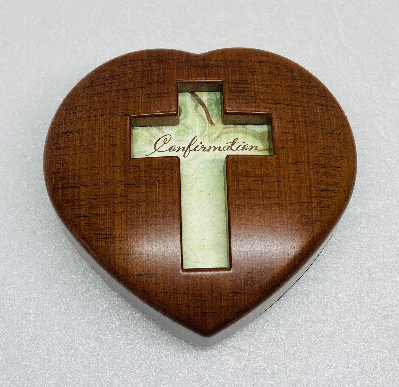 Vintage Wooden Cross Confirmation In Christ Music Box Photo Slot Heart Shape X