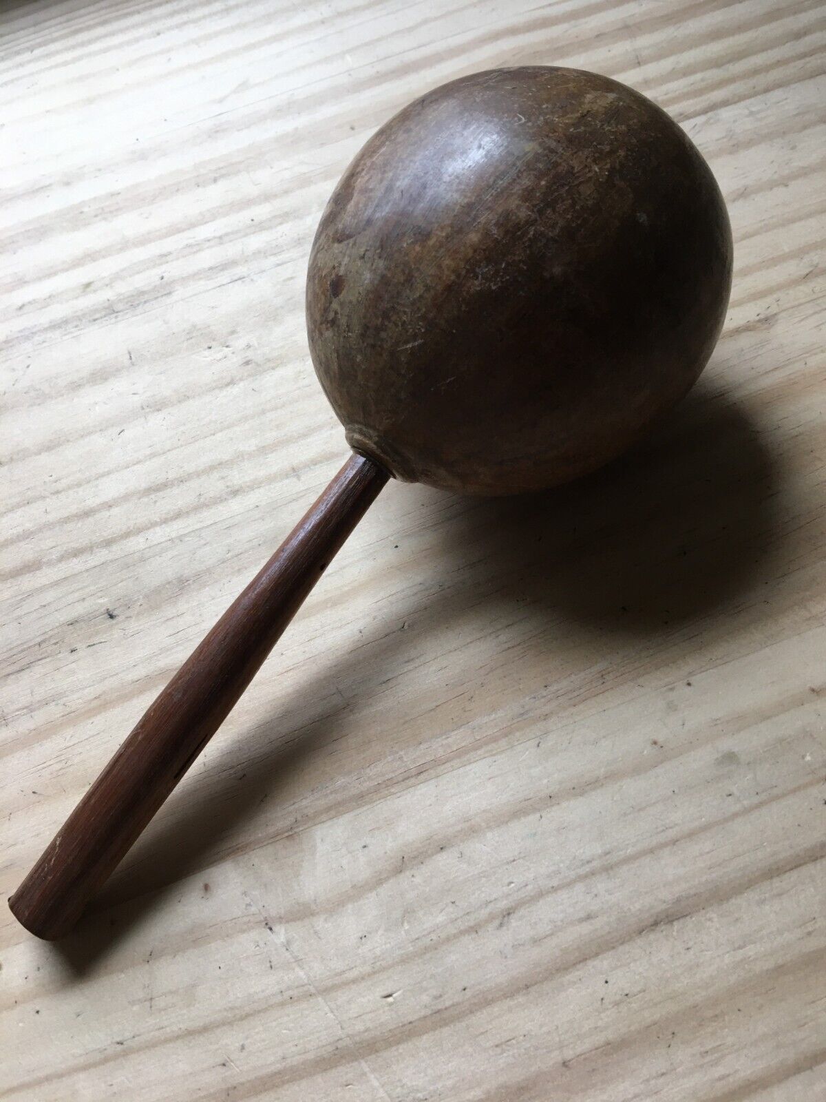 Vintage 50s Mexican Coconut Maraca Shaker Rattle Hand Percussion wood handle 9\