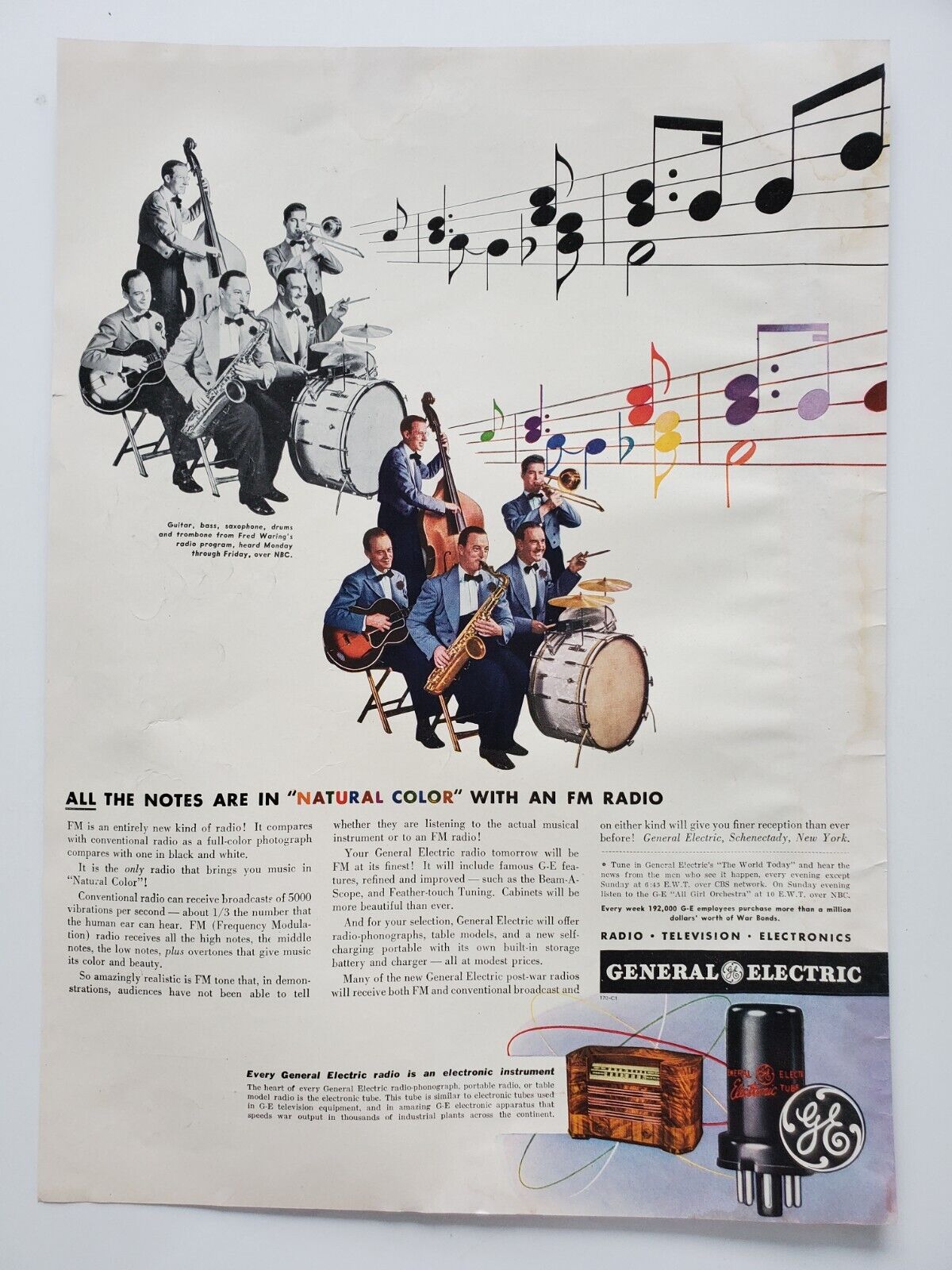 General Electric Radio Tube Band Drum Sax Bass Guitar Horn 1944 Vintage Print Ad