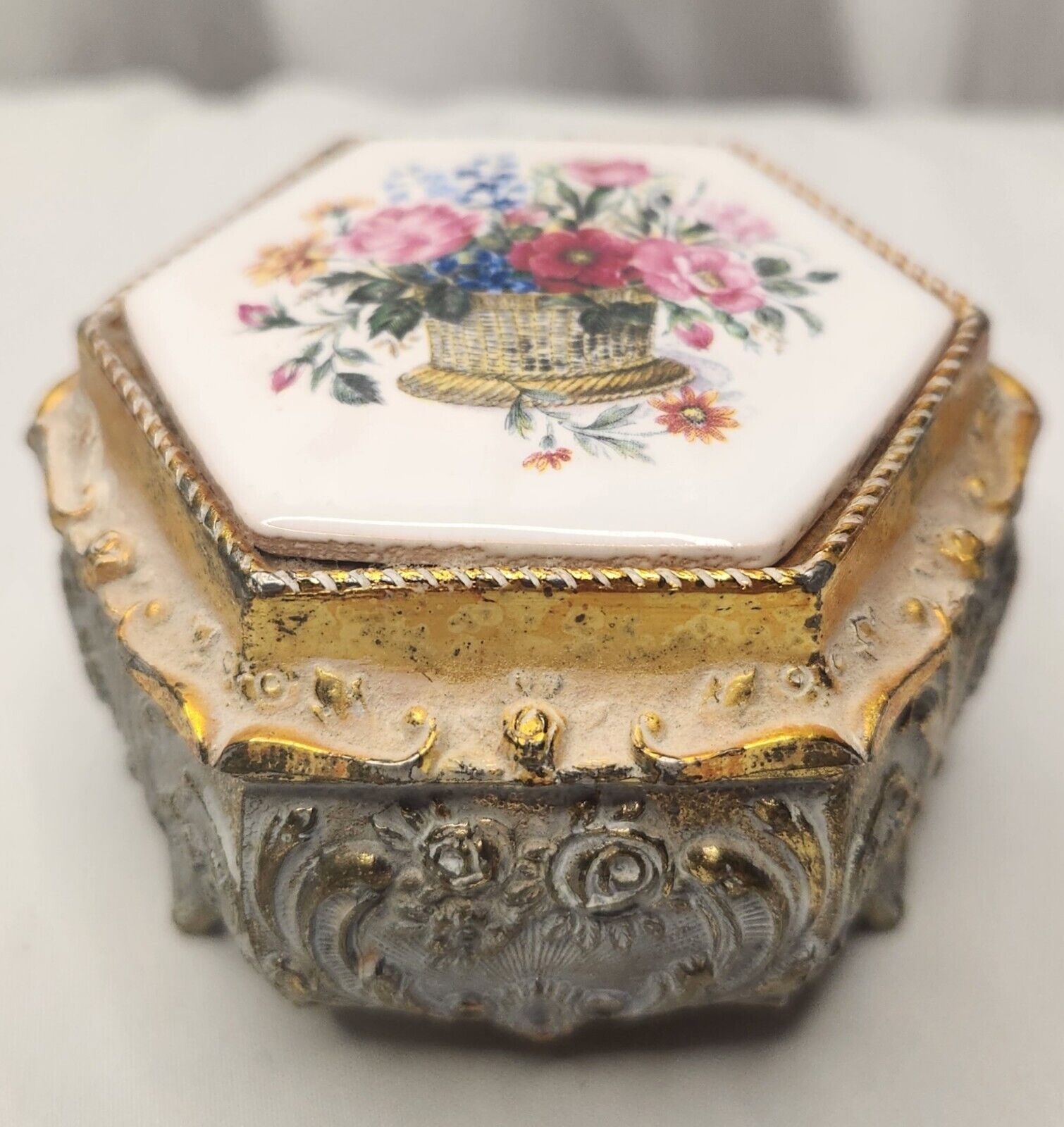Vintage Gilded Gold Japan Music Trinket Box Ceramic Top Some Enchanted Evening 