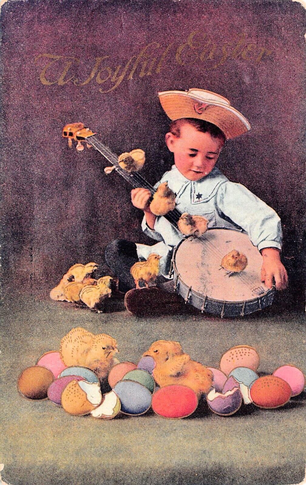 Antique Easter Card Fantasy Chicks Banjo Serenade Child Musical Vtg Postcard D19