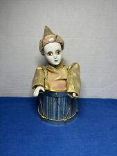 Vintage Porcelain Harlequin Jester Clown In A Drum Music Box - The Clown Moves picture