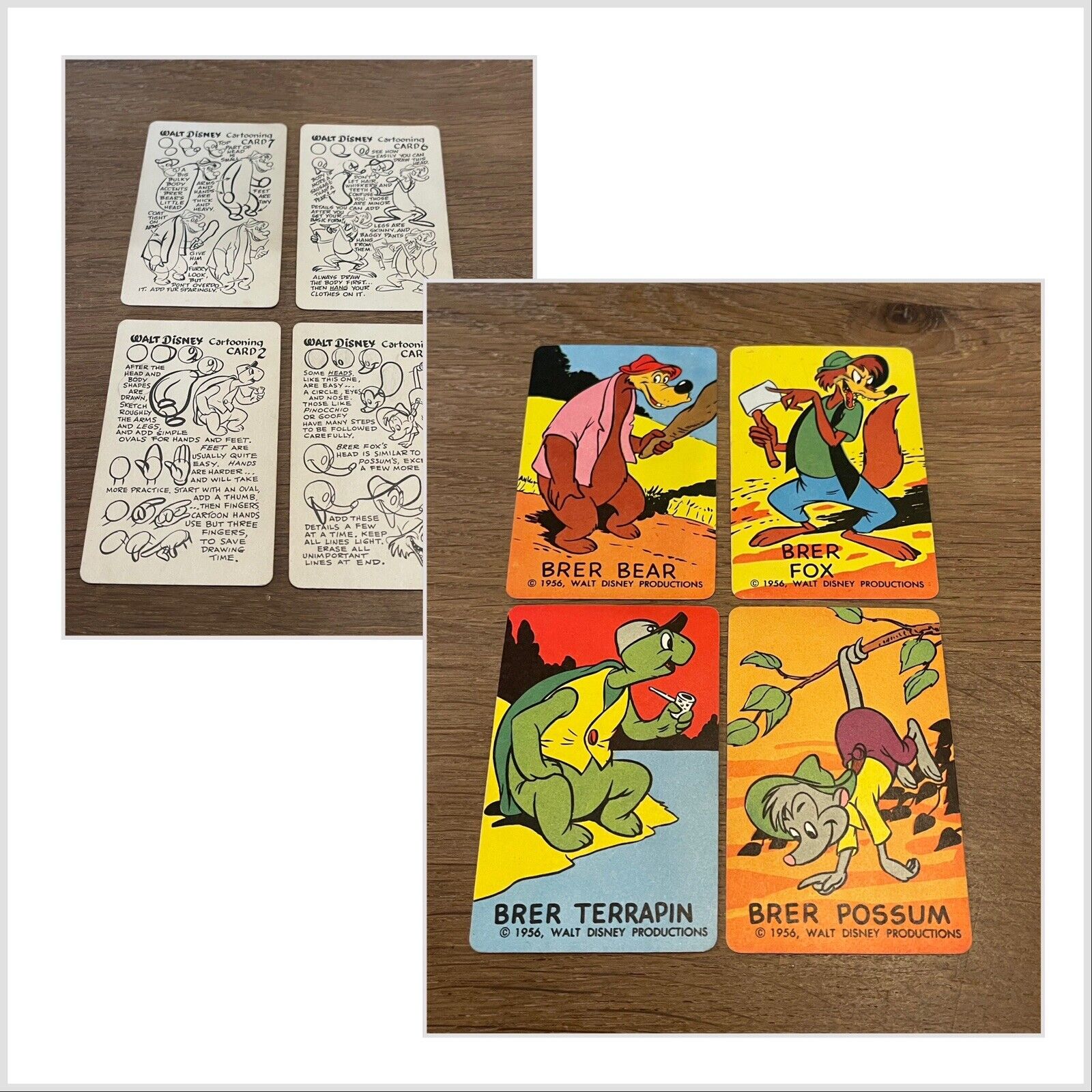 VINTAGE 1956 WALT DISNEY BRER BEAR, FOX,  POSSUM, TERRAPIN CARTOONING CARDS RARE