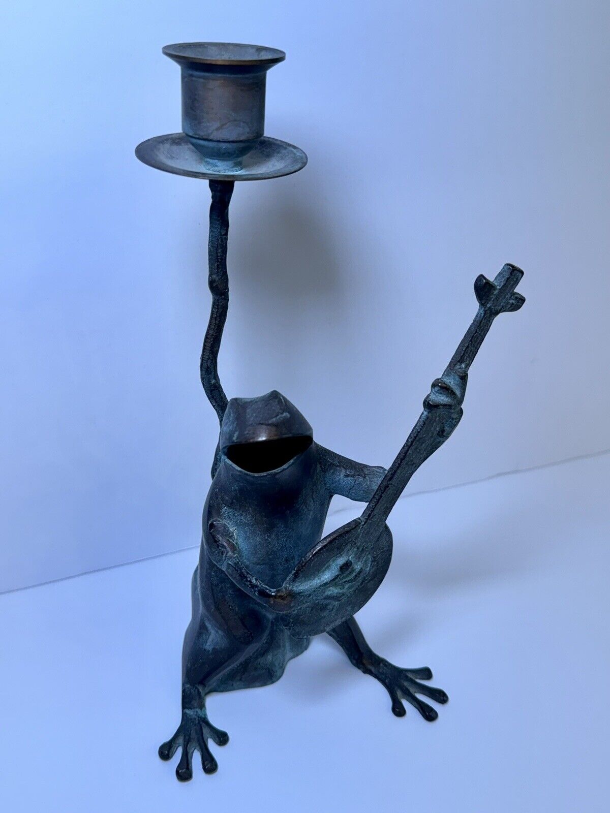 Bronze Banjo  Playing Frog Candle Stick