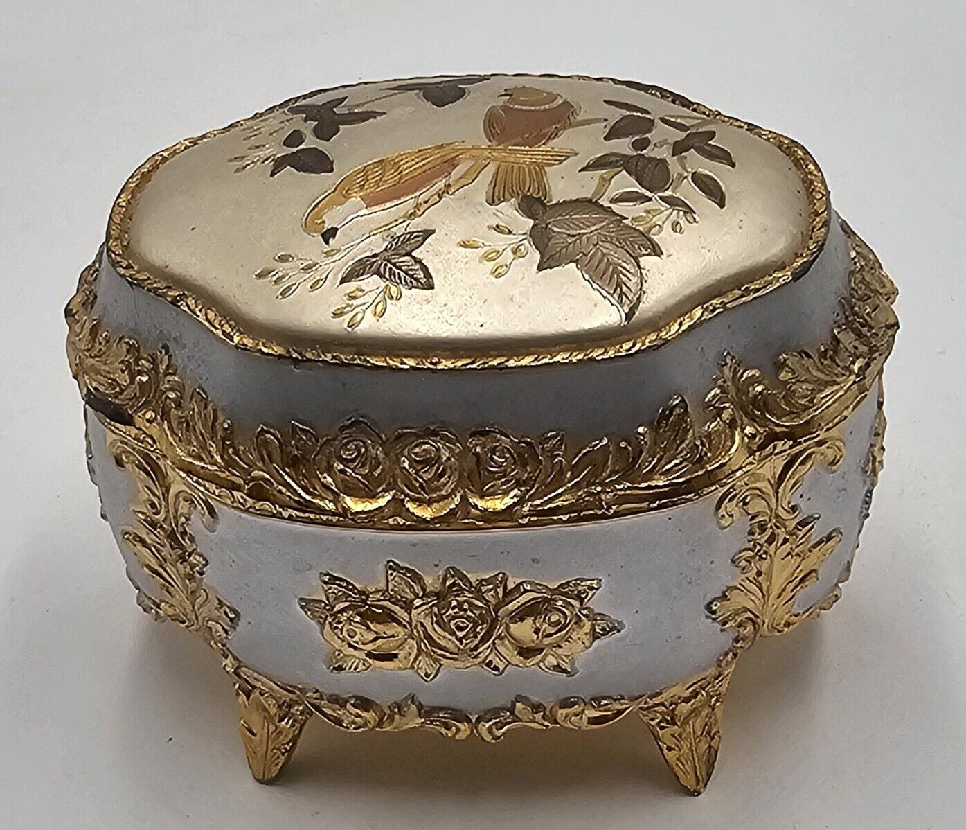 Vintage Small Music Box Made In Japan Birds Floral Roses Gold Tone