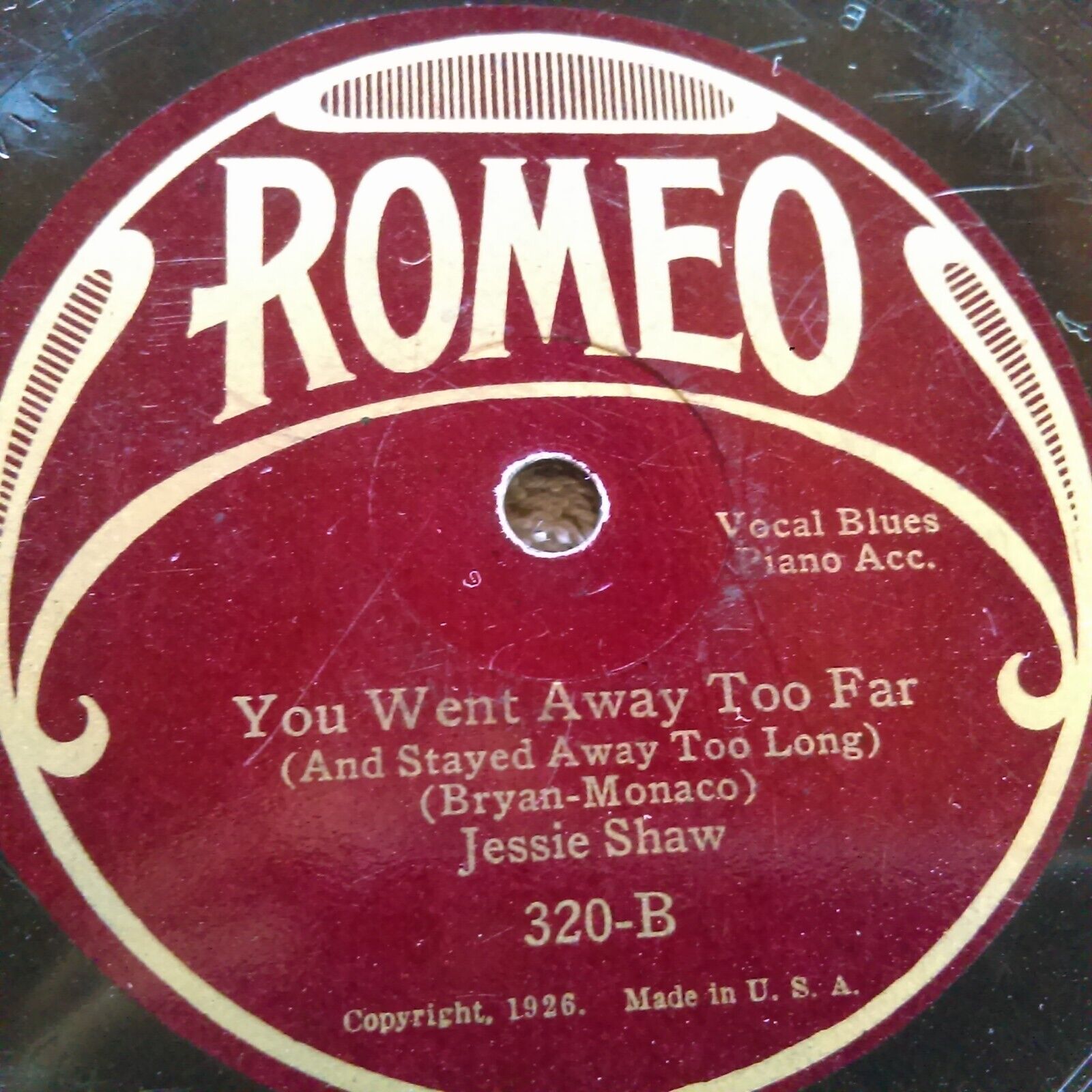 78 rpm Romeo 320, Jessie Shaw vocal blues with piano V