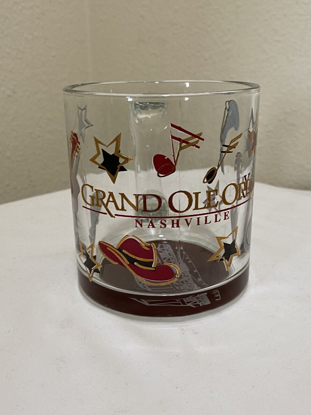 Grand Ole Opry Glass Coffee Mug Nashville Opry House Cup Guitar Sketch on Bottom