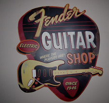 Fender Guitar Shop Electric LARGE Vintage Look Sign Metal Embossed licensed picture