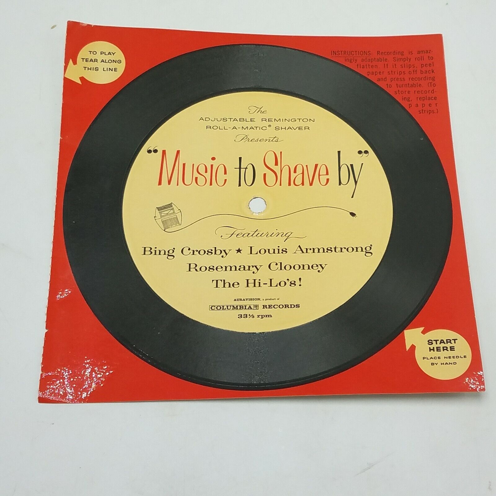 Vintage Promo Remington Shaver Paper Record Music To Shave By Louis Armstrong NM