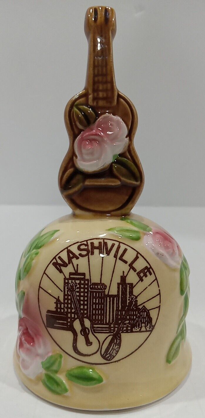 Vintage Nashville Music City USA Souvenir Ceramic Bell Guitar Handle Roses