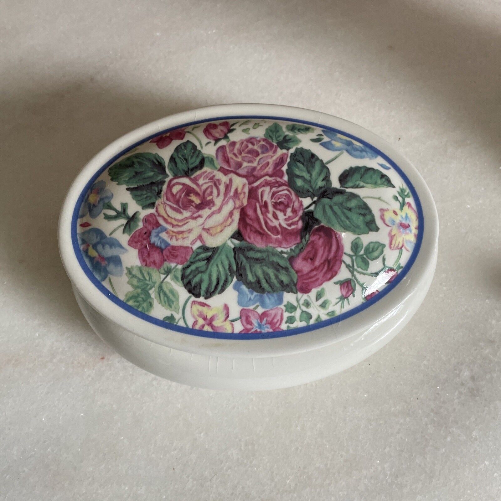 vintage Porcelain Jewelry Music Box Oval Roses, Unchained Melody