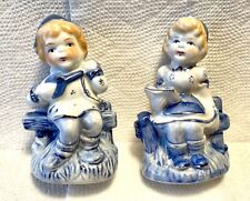 Little Banjo Boy & Reading Girl Blue White Porcelain Kids Figures Vintage picture