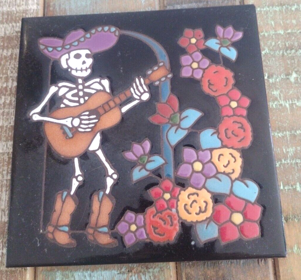 Talavera Trivet Day Of The Dead Folk Art Roses Guitar Skeleton Mexican Pottery