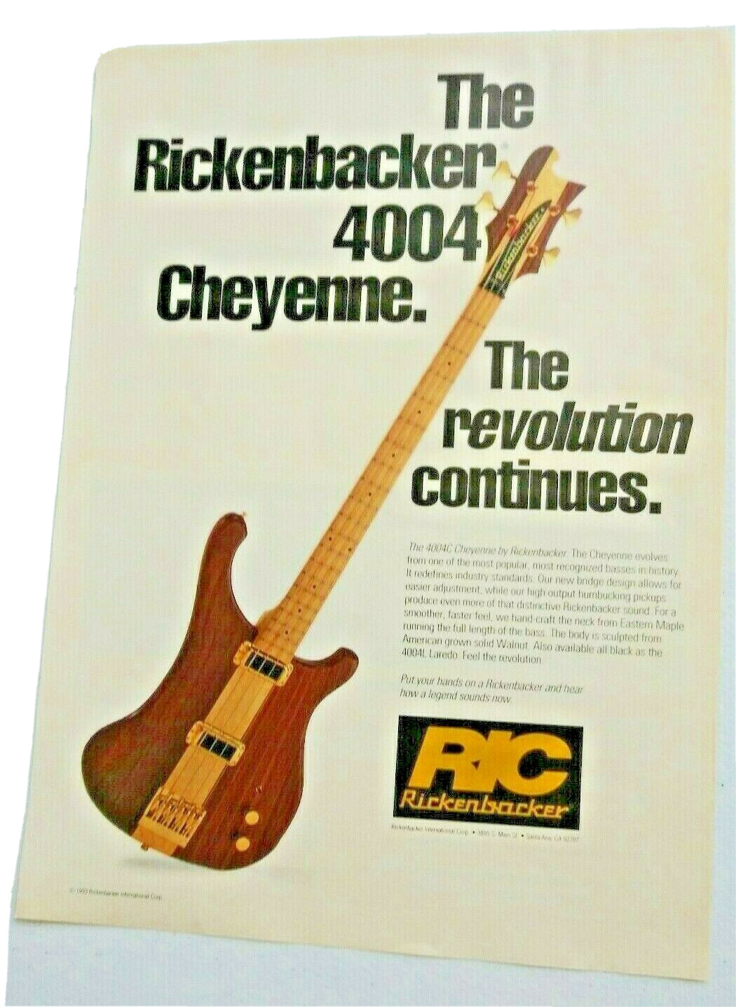 Rickenbacker Bass Vintage Ad Print 1994 Guitar World Magazine 4004 Cheyenne