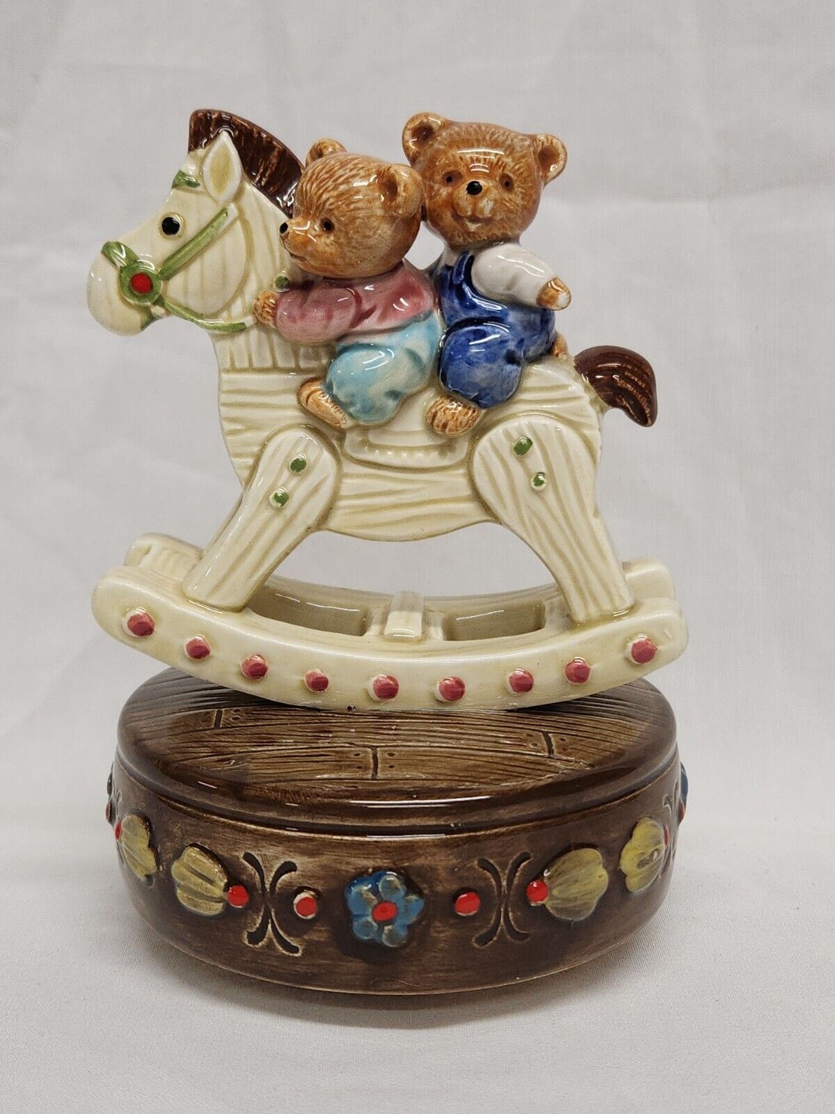 Vintage Otagiri Music Box Bears Riding Rocking Horse Plays Edelweiss WORKS