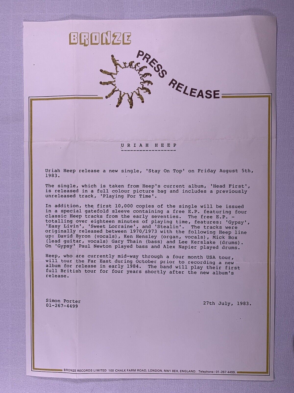 Uriah Heep Press Release Original Vintage Bronze Records Stay On Top 1983
