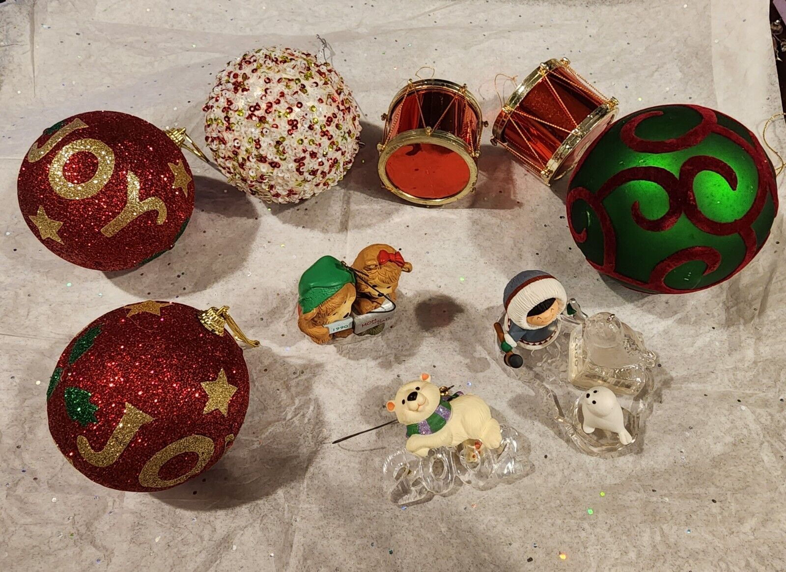 Lot of 9 Christmas Ornaments 2000, 2002, 1990,drums,sparkle joy, 1 velvet &glass