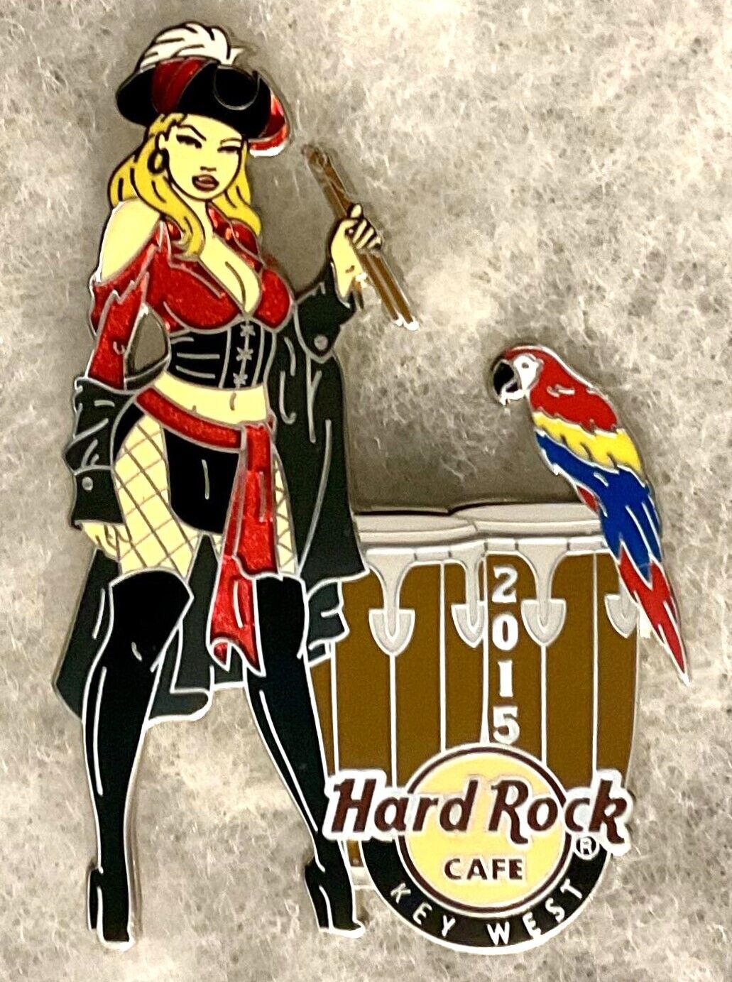 HARD ROCK CAFE KEY WEST SEXY PIRATE GIRL STANDING WITH DRUMS PARROT PIN # 82123