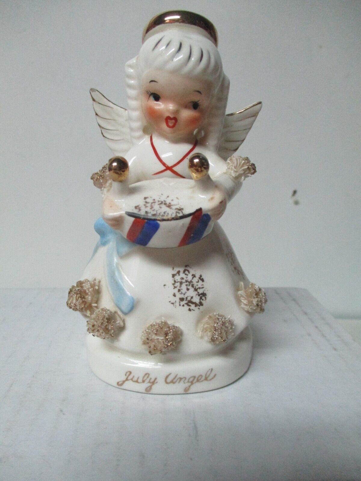 Vintage Japan Ceramic 4th of July Angel w Patriotic Drum