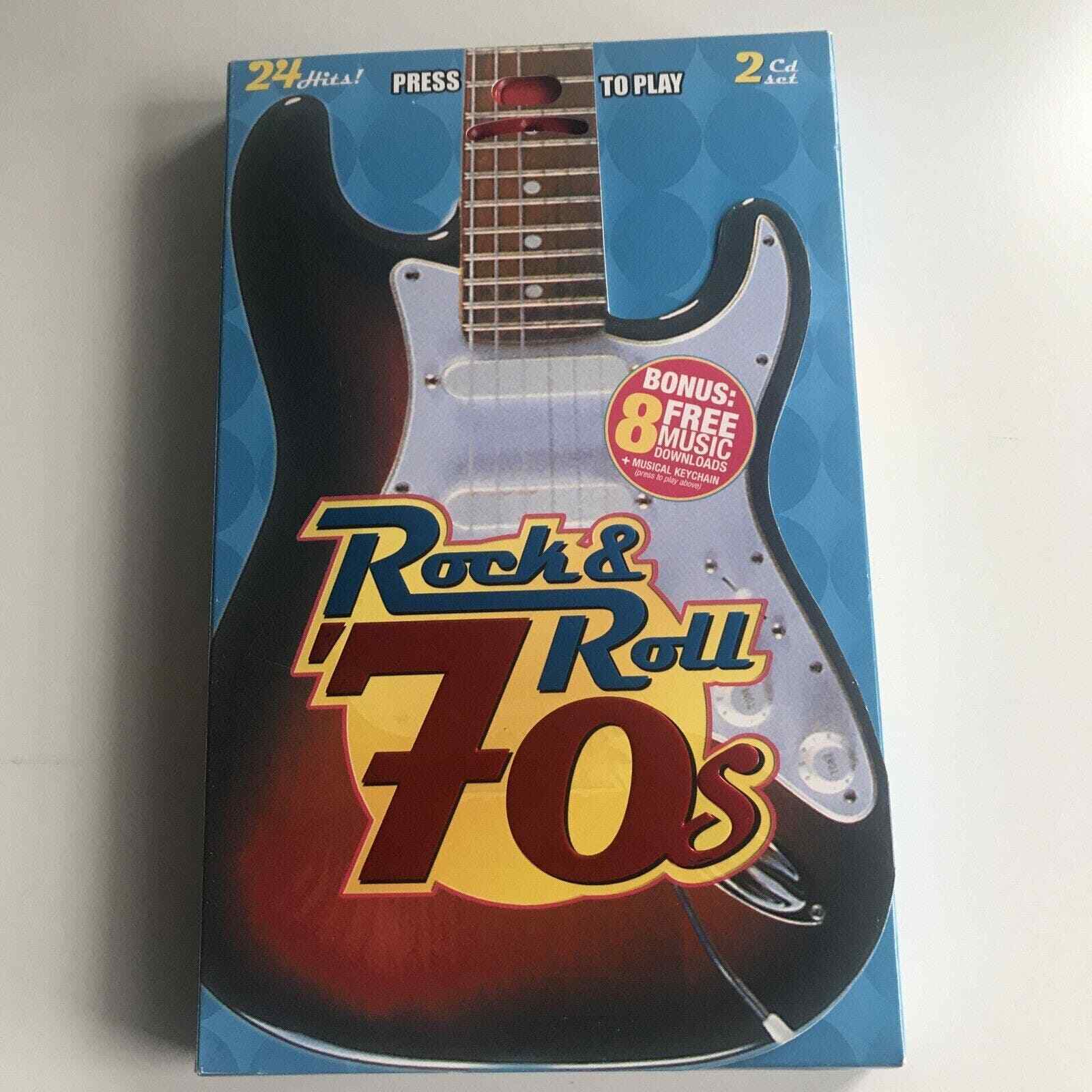 Rock n Roll 70\'s Guitar 2 CD\'s 24 Hits Musical Plastic Key Chain Hippie Retro