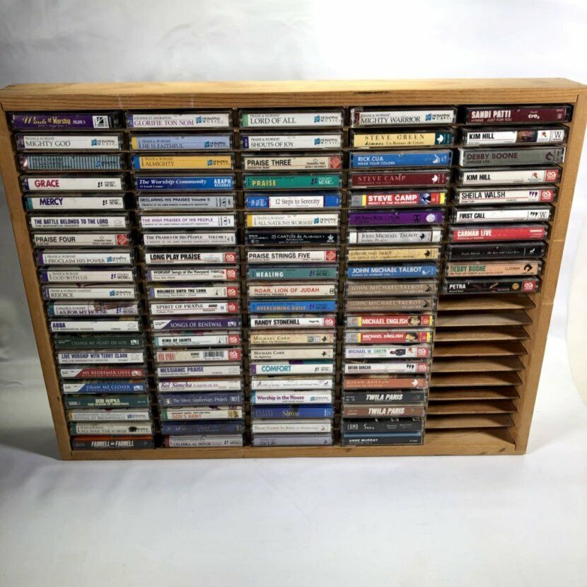 Praise & Worship Music Cassette Lot of 90 Vintage Wood Nappa Valley Storage Box