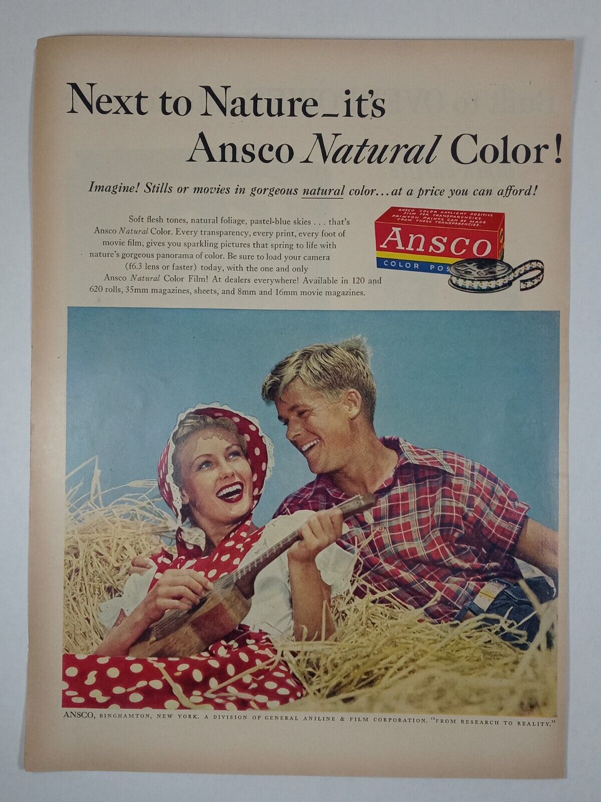 1950\'s ANSCO Color Movie Film Haystack Guitar Couple Red Bonnet Vintage Print Ad