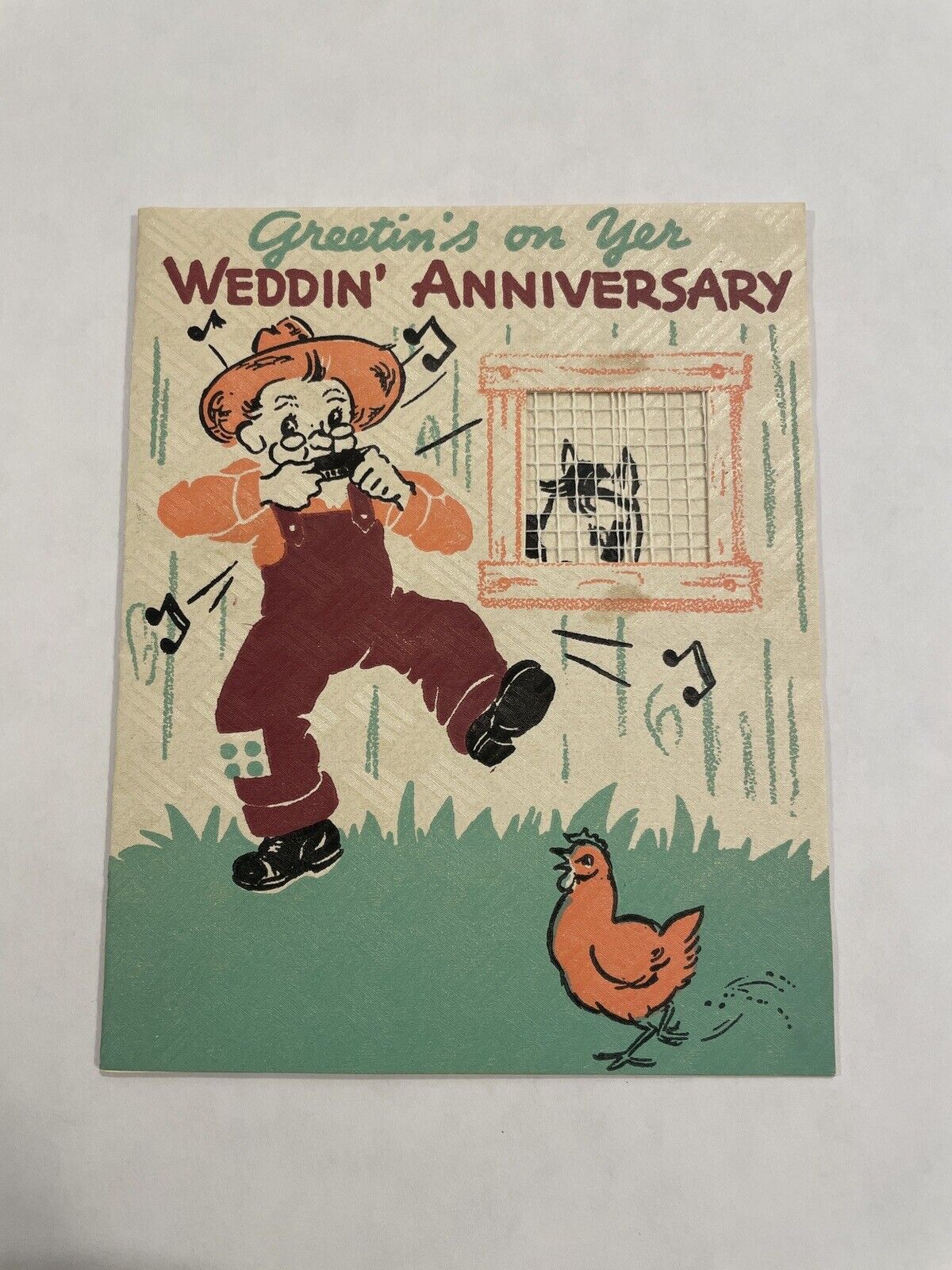 Vintage Anniversary Card, Hallmark, Farmer Harmonica Chicken, Used