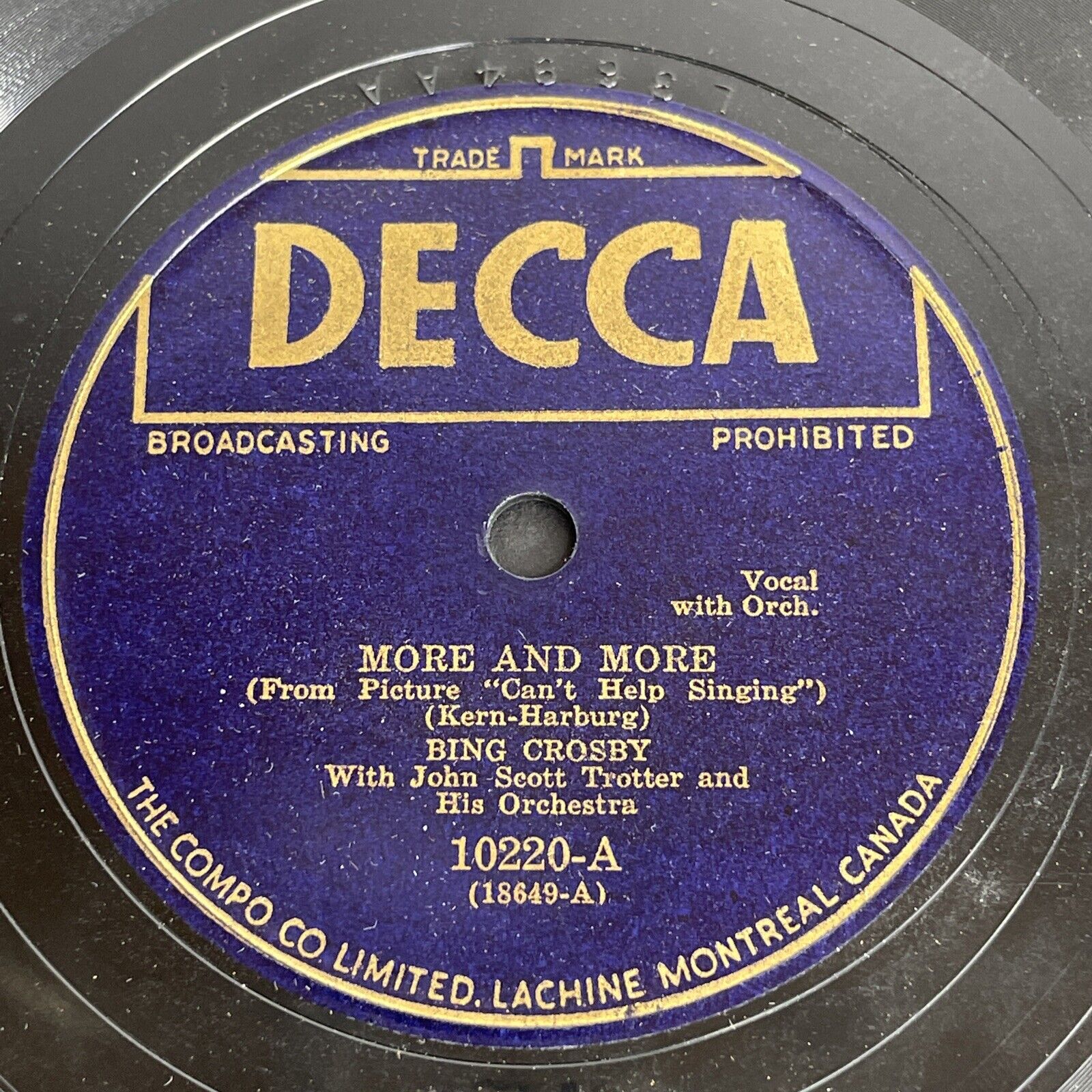 Bing Crosby More And More / Strange Music Gramophone Record 78rpm 10\