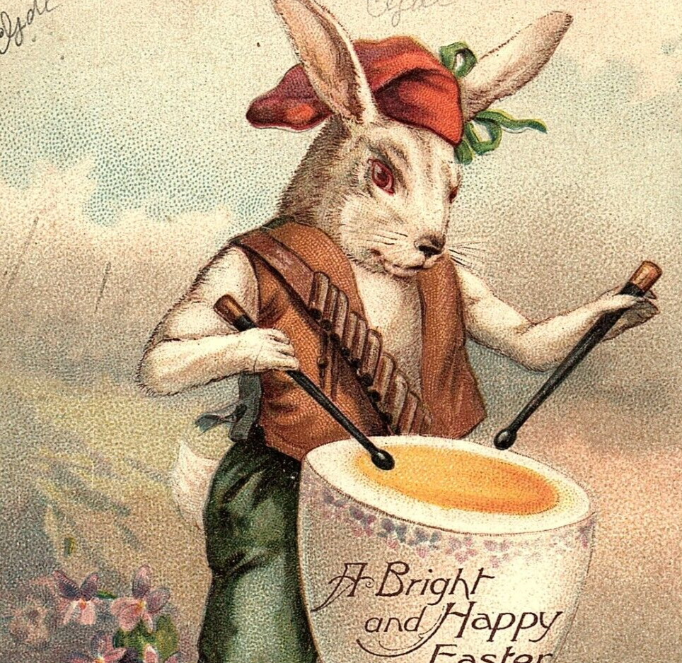 c.1910 Anthropomorphic Easter Bunny Military Drummer Postcard Bandolier Egg Drum