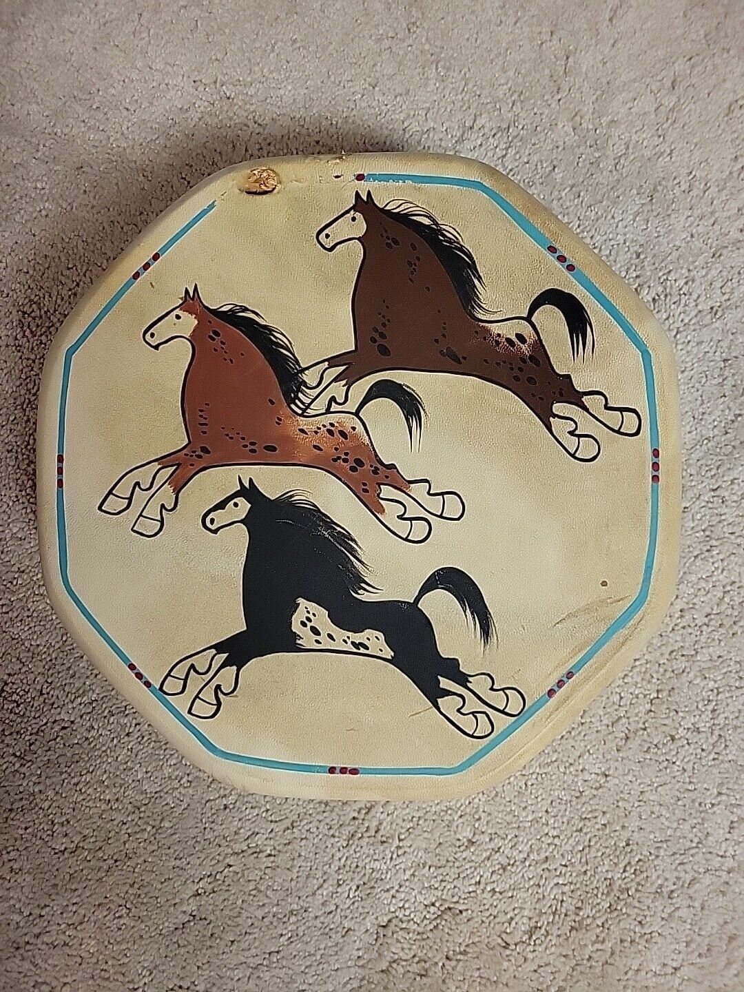 Vintage Taos Native American Ceremonial Leather Hand Made Drum 3 Horses SEE